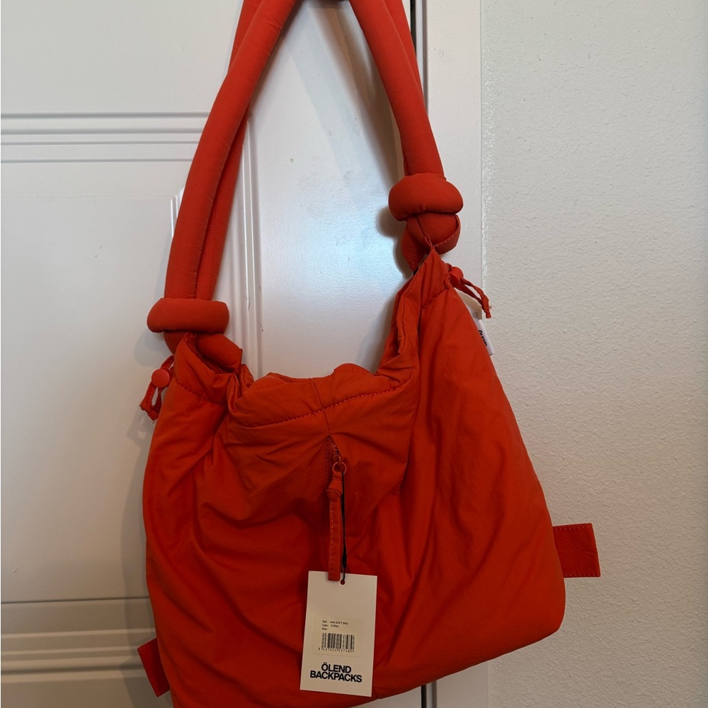Quilted Puffer Tote Bag in Coral Orange - Picture 3 of 3